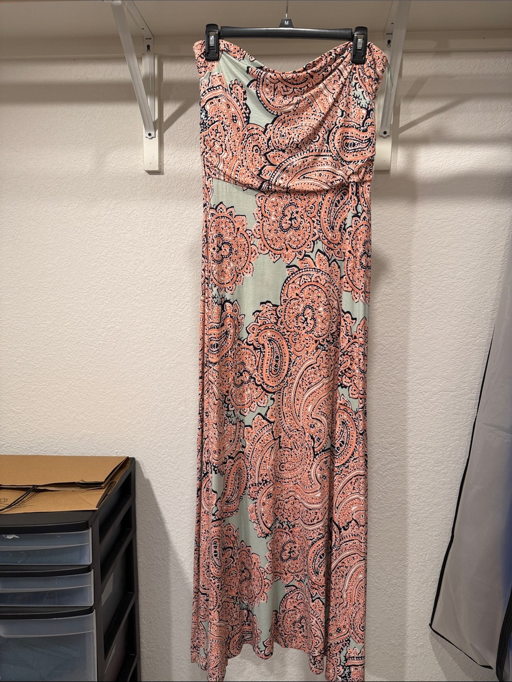 The Limited Strapless Paisley Maxi Dress in Coral and Mint